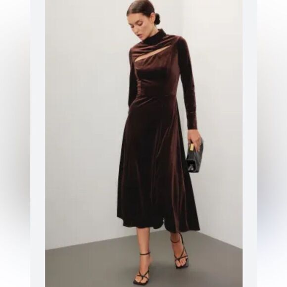 Rene Ruiz Collection Chocolate Brown Velvet Cut Out Midi Dress Long Sleeve Sz. 6 - Picture 12 of 13